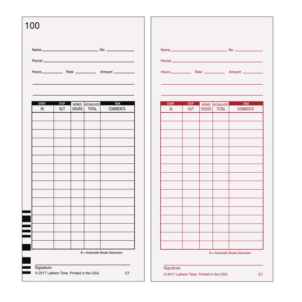 Time Clock Cards for Lathem Time 7000E, Two Sides, 3.5 x 7.25, 100/Pack