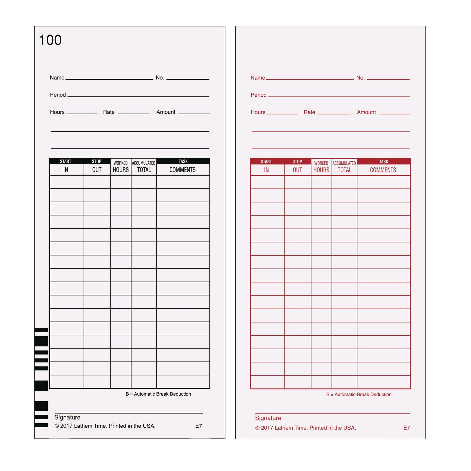 Time Clock Cards for Lathem Time 7000E, Two Sides, 3.5 x 7.25, 100/Pack
