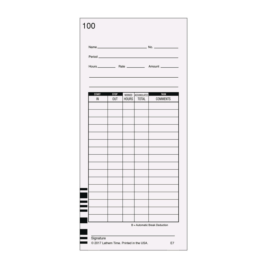Time Clock Cards for Lathem Time 7000E, Two Sides, 3.5 x 7.25, 100/Pack