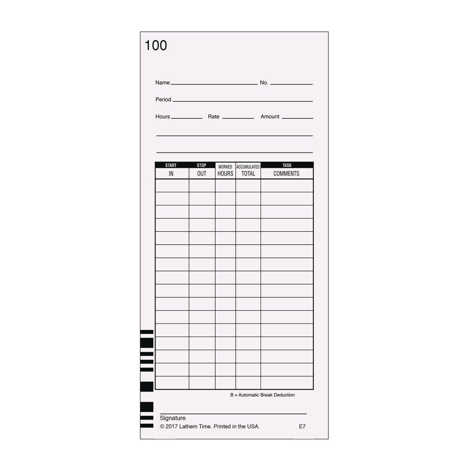 Time Clock Cards for Lathem Time 7000E, Two Sides, 3.5 x 7.25, 100/Pack