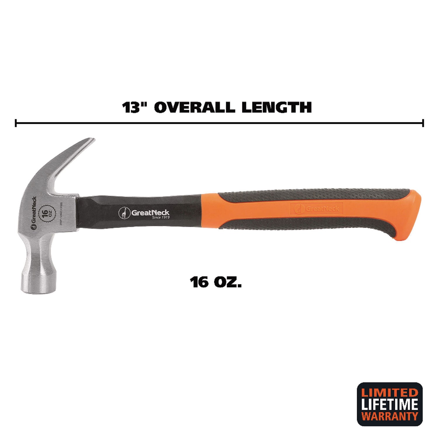 16 oz Claw Hammer with High-Visibility Orange Fiberglass Handle - 2