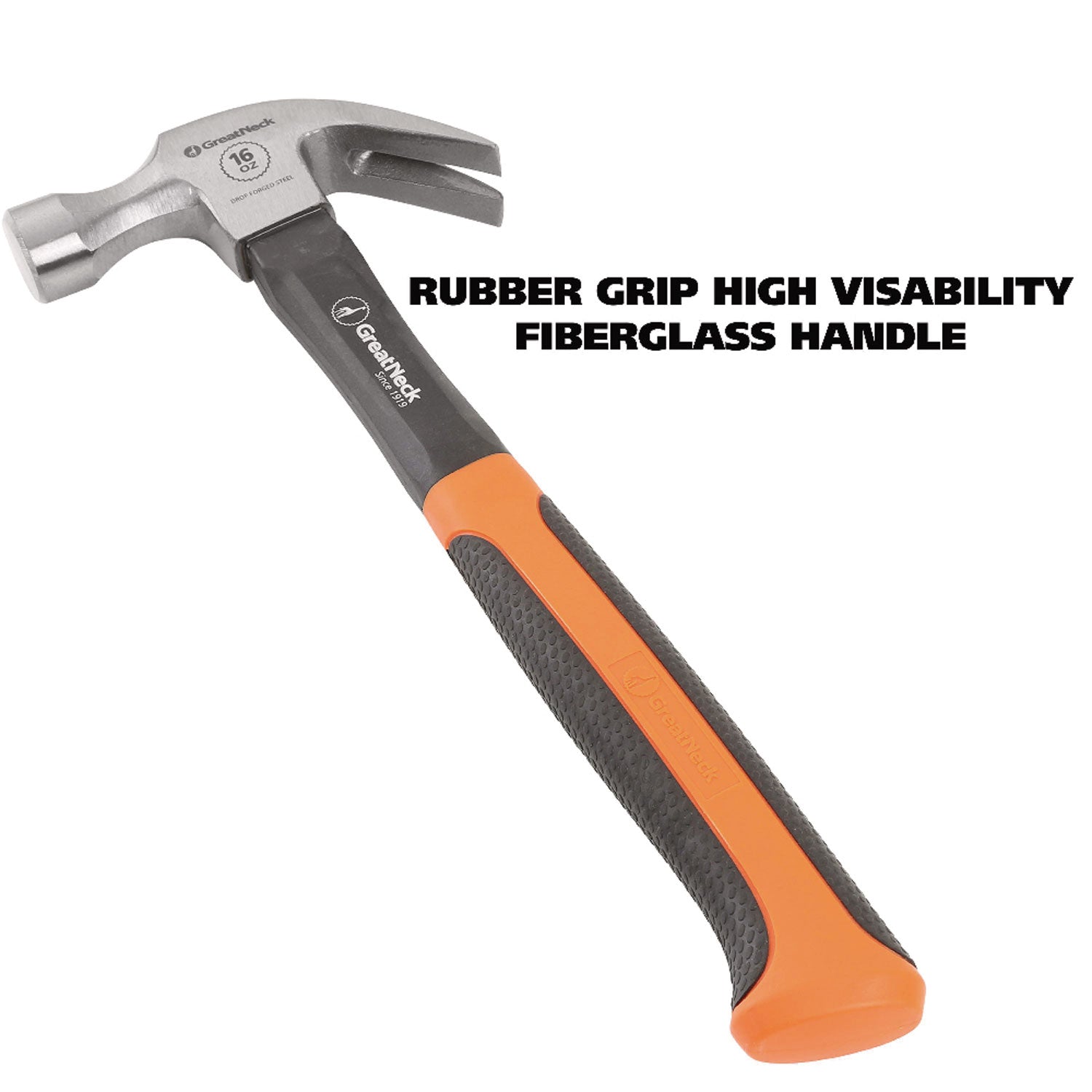 16 oz Claw Hammer with High-Visibility Orange Fiberglass Handle - 5