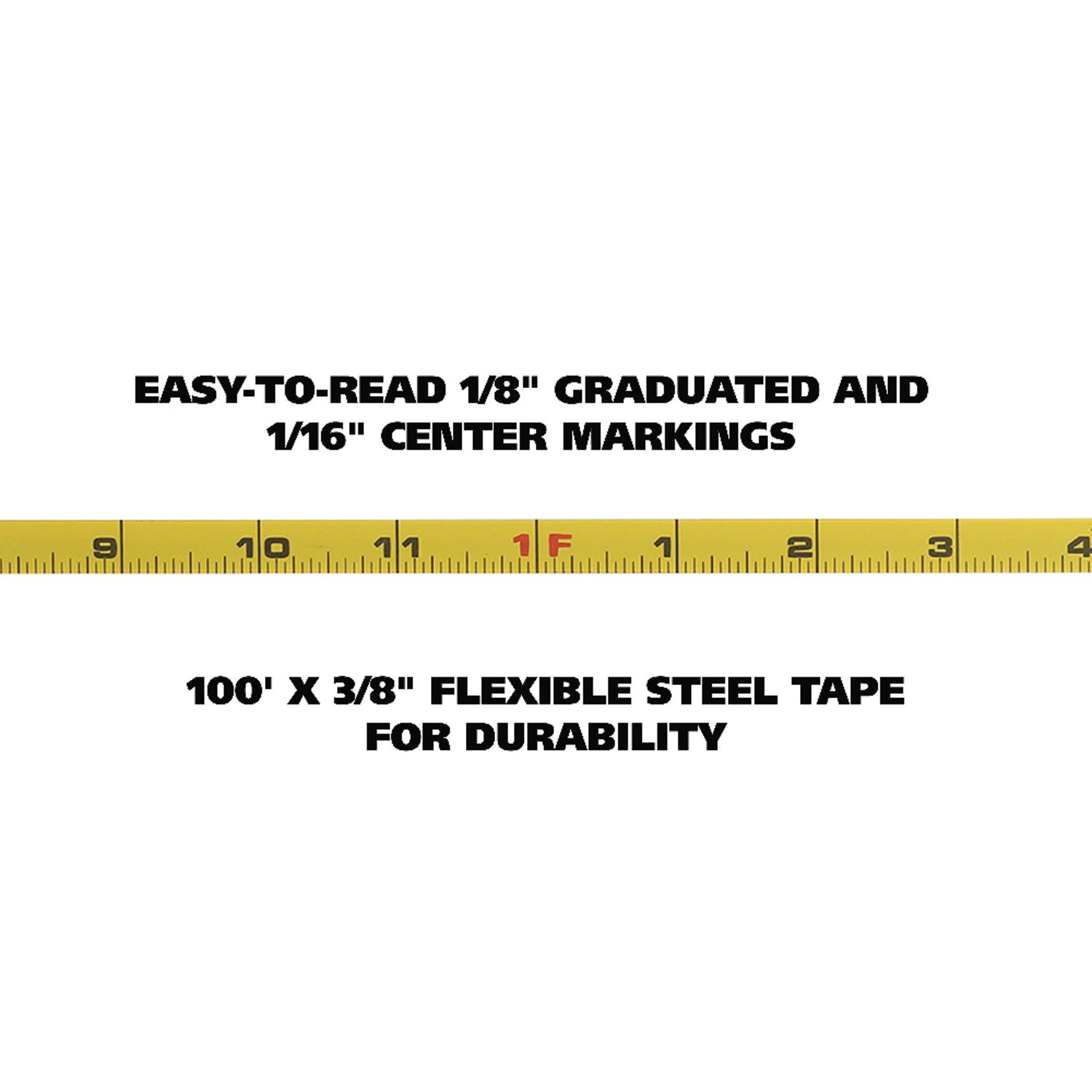 English Rule Measuring Tape, 0.38" x 100 ft, Steel, Yellow - 4