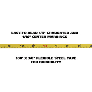 English Rule Measuring Tape, 0.38" x 100 ft, Steel, Yellow - 4