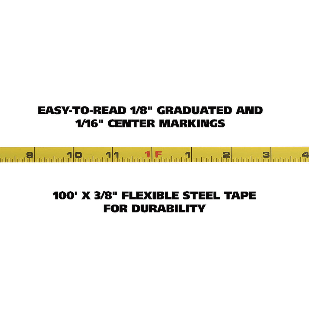 English Rule Measuring Tape, 0.38" x 100 ft, Steel, Yellow
