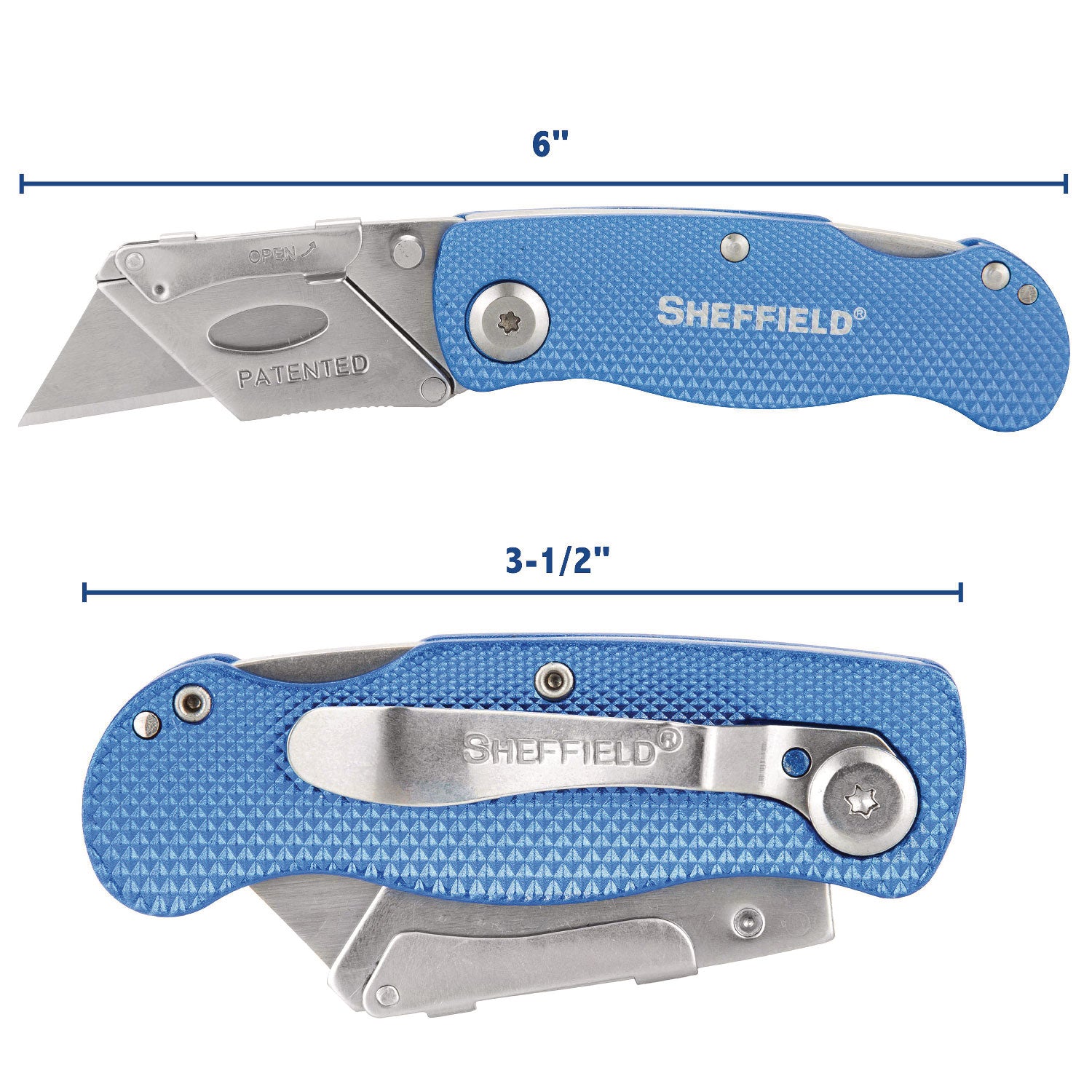 Sheffield Folding Lockback Knife, 1 Utility Blade, 2" Blade, 3.5" Aluminum Handle, Blue - 2