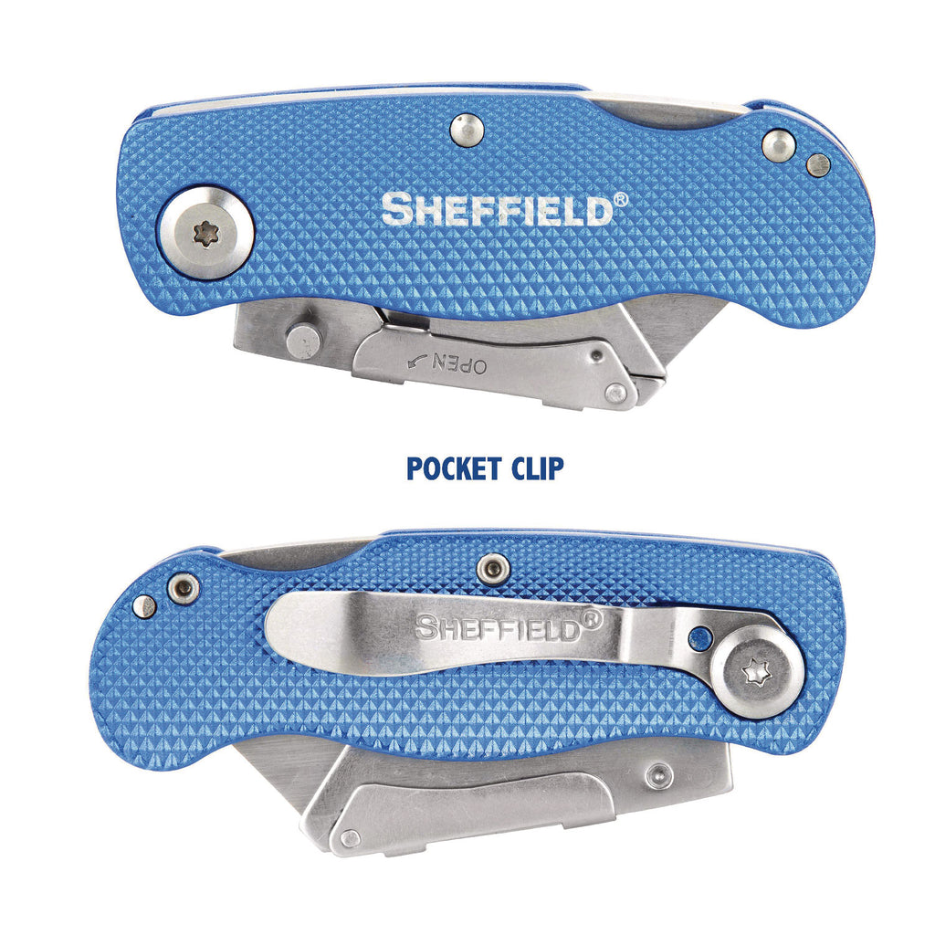 Sheffield Folding Lockback Knife, 1 Utility Blade, 2" Blade, 3.5" Aluminum Handle, Blue - 3