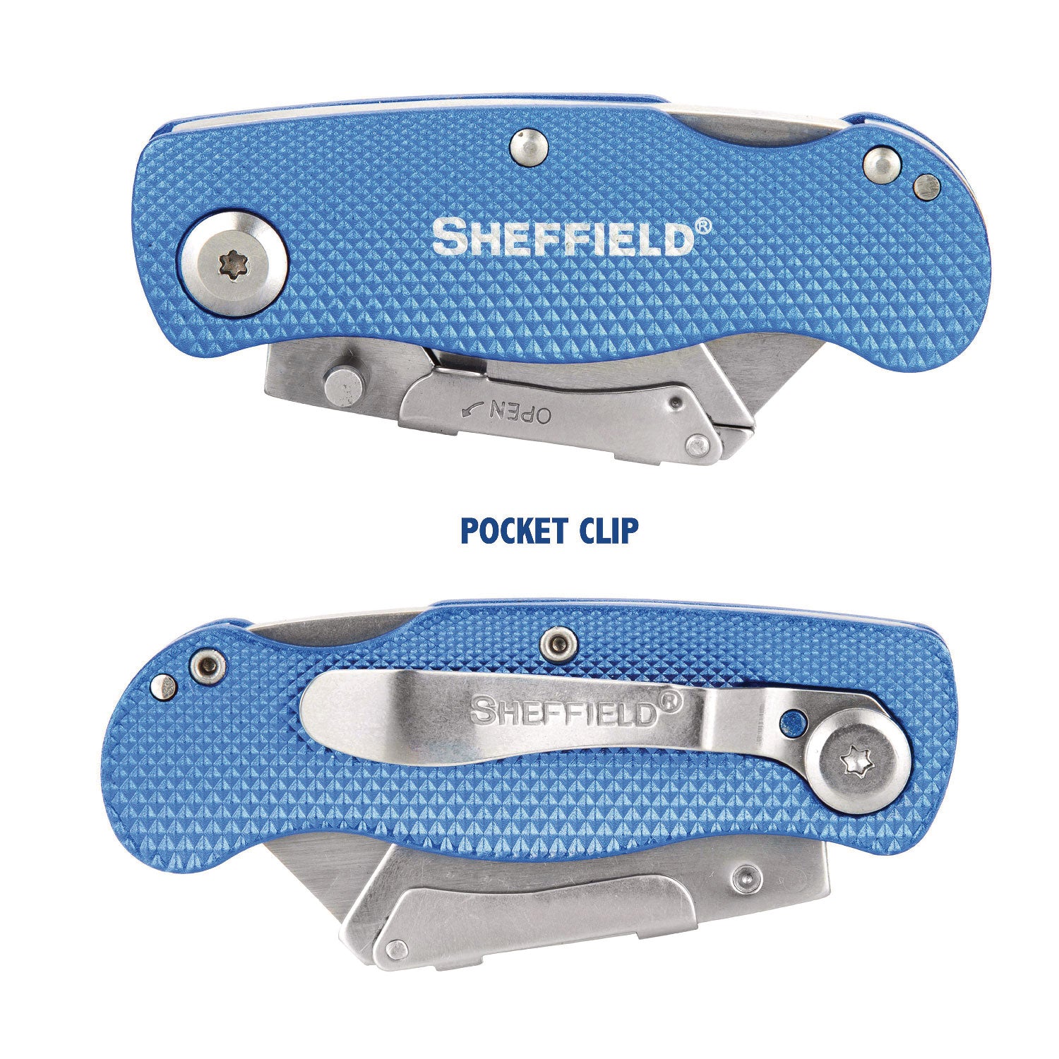Sheffield Folding Lockback Knife, 1 Utility Blade, 2" Blade, 3.5" Aluminum Handle, Blue - 3
