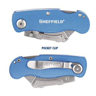 Sheffield Folding Lockback Knife, 1 Utility Blade, 2" Blade, 3.5" Aluminum Handle, Blue - 3