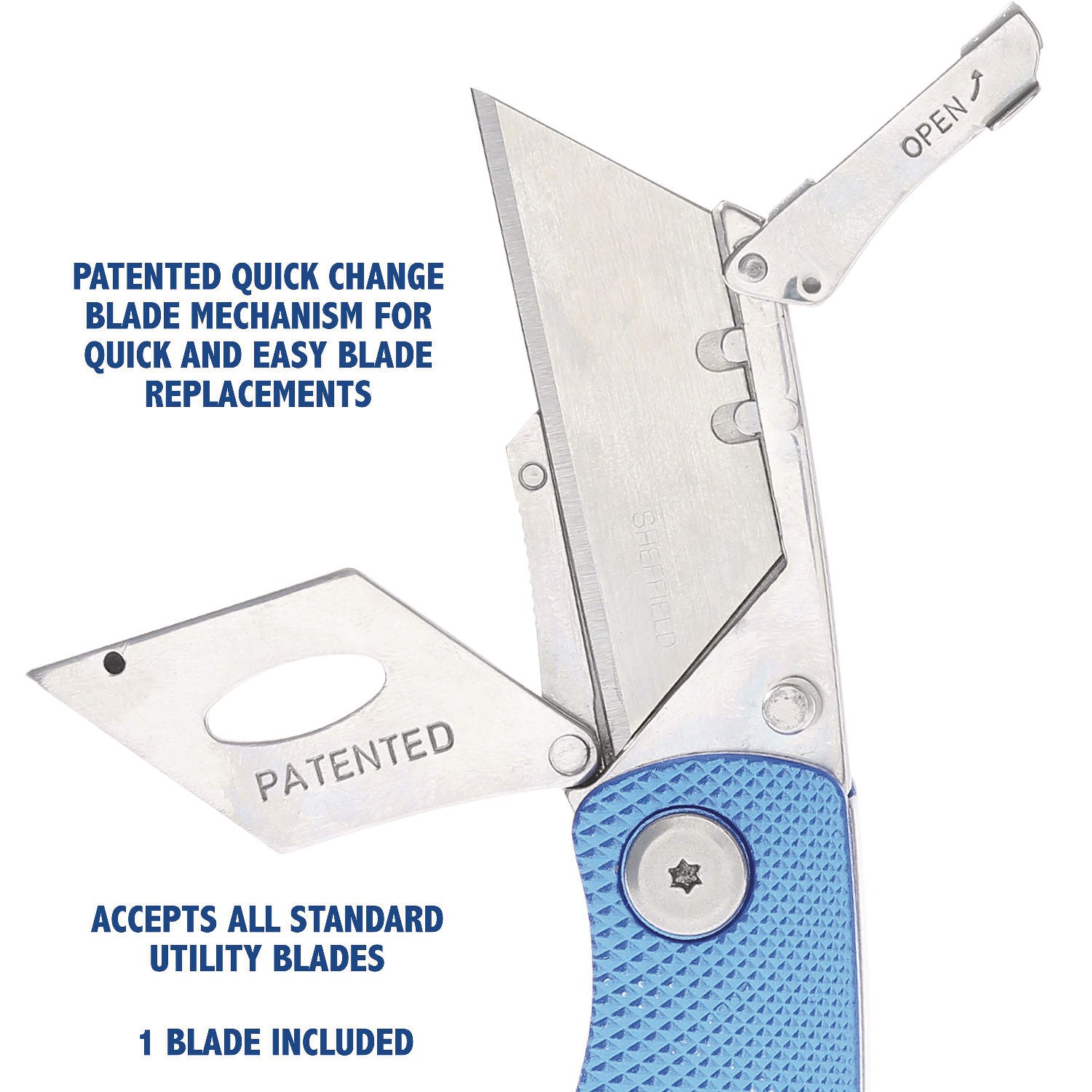 Sheffield Folding Lockback Knife, 1 Utility Blade, 2" Blade, 3.5" Aluminum Handle, Blue - 4