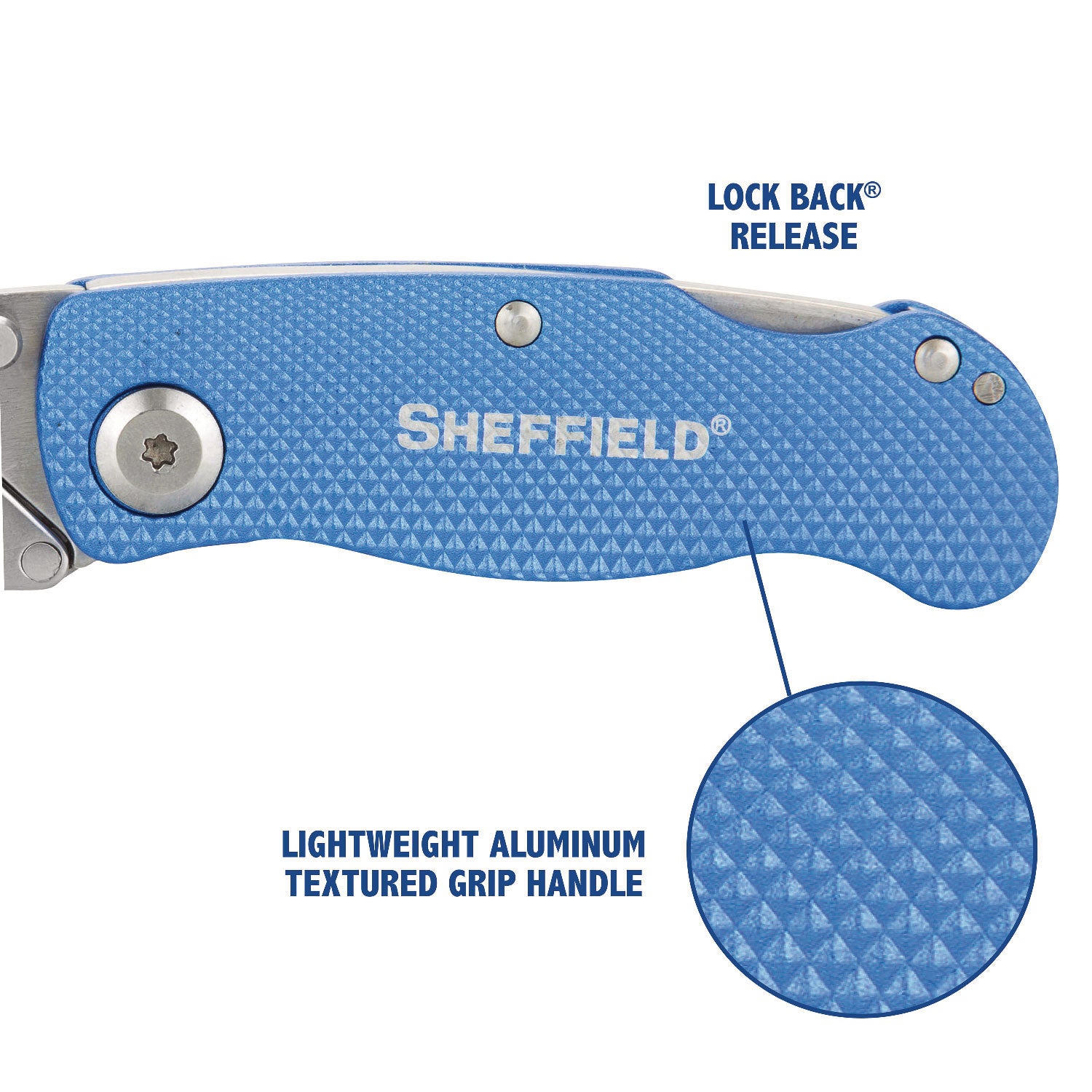 Sheffield Folding Lockback Knife, 1 Utility Blade, 2" Blade, 3.5" Aluminum Handle, Blue - 5