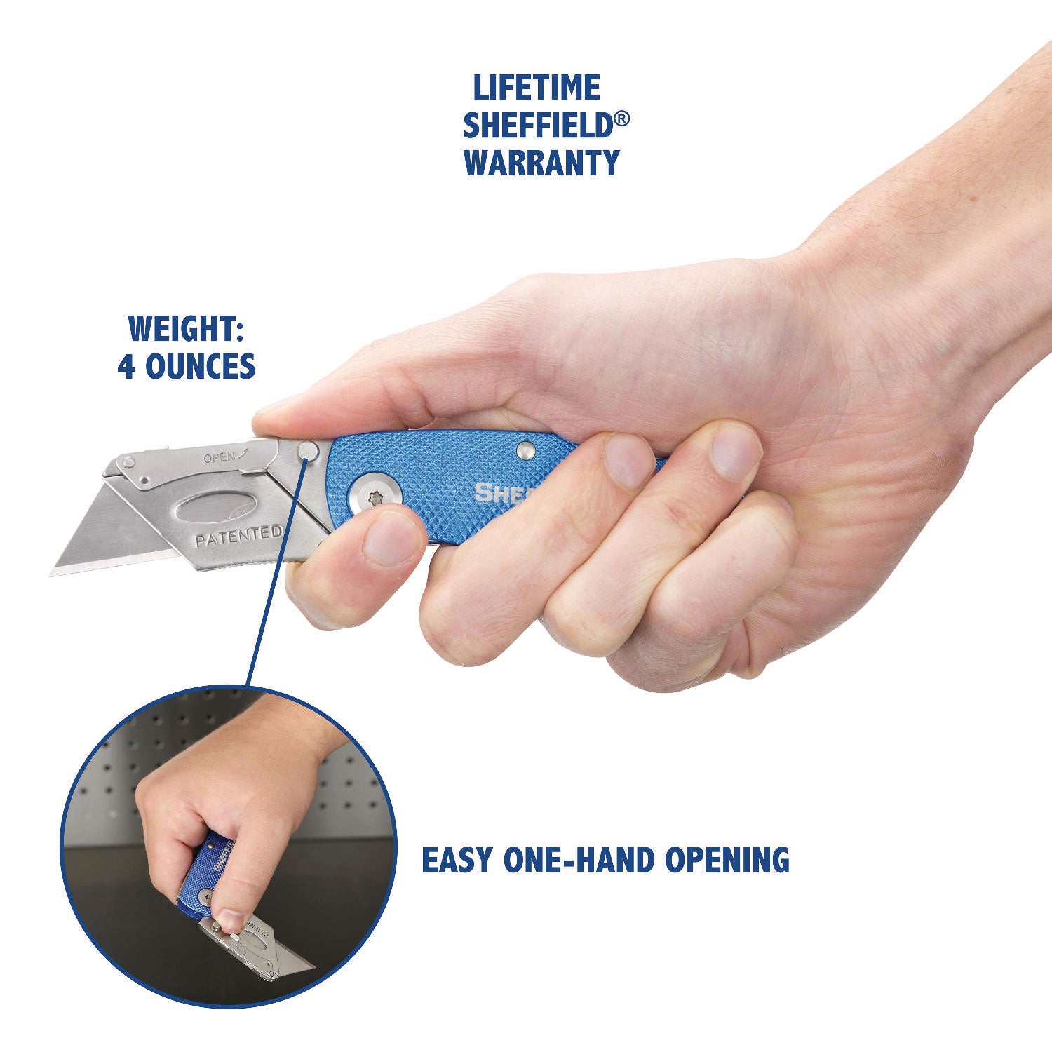 Sheffield Folding Lockback Knife, 1 Utility Blade, 2" Blade, 3.5" Aluminum Handle, Blue - 6