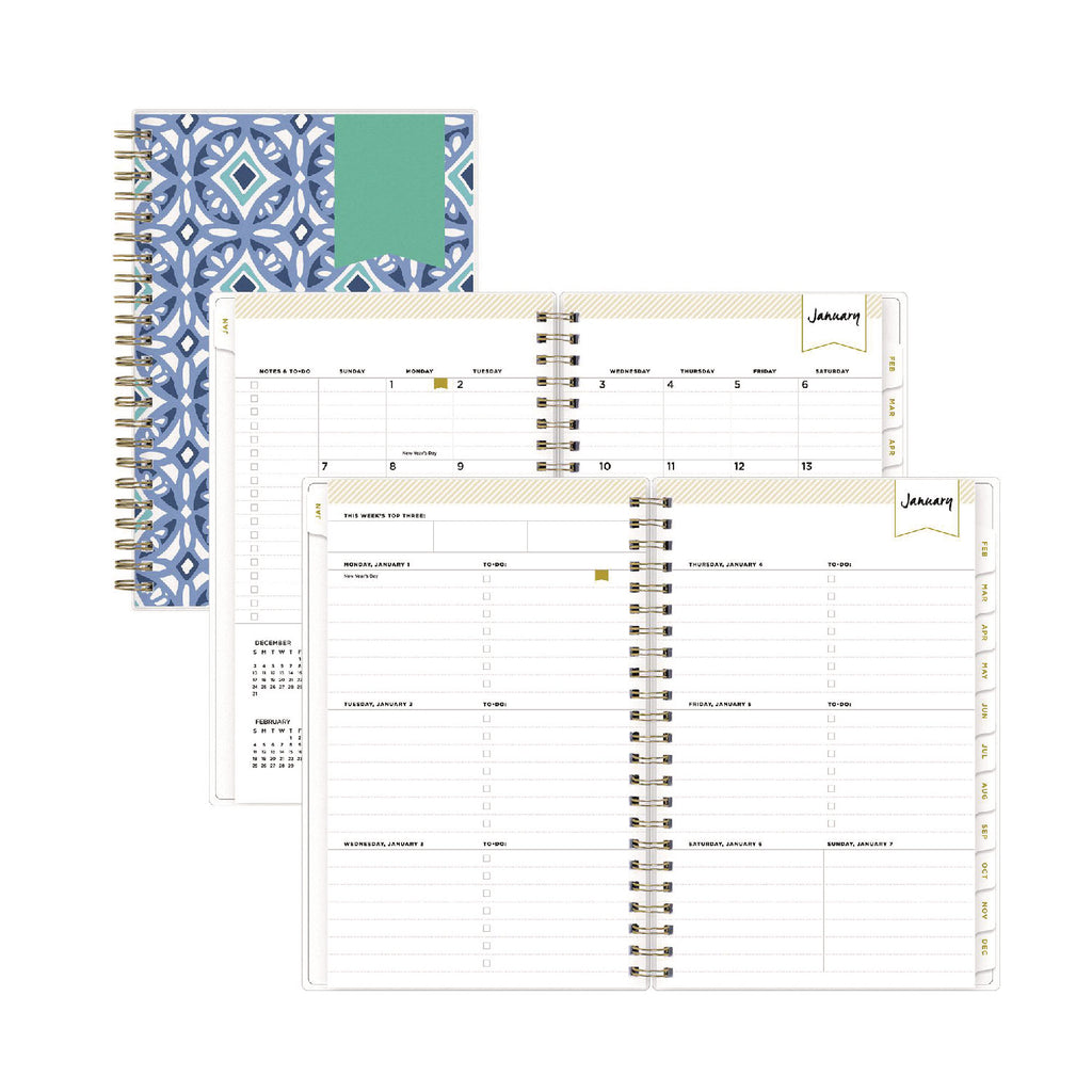 Day Designer Tile Weekly/Monthly Planner, Tile Artwork, 8 x 5, Blue/White Cover, 12-Month (Jan to Dec): 2024