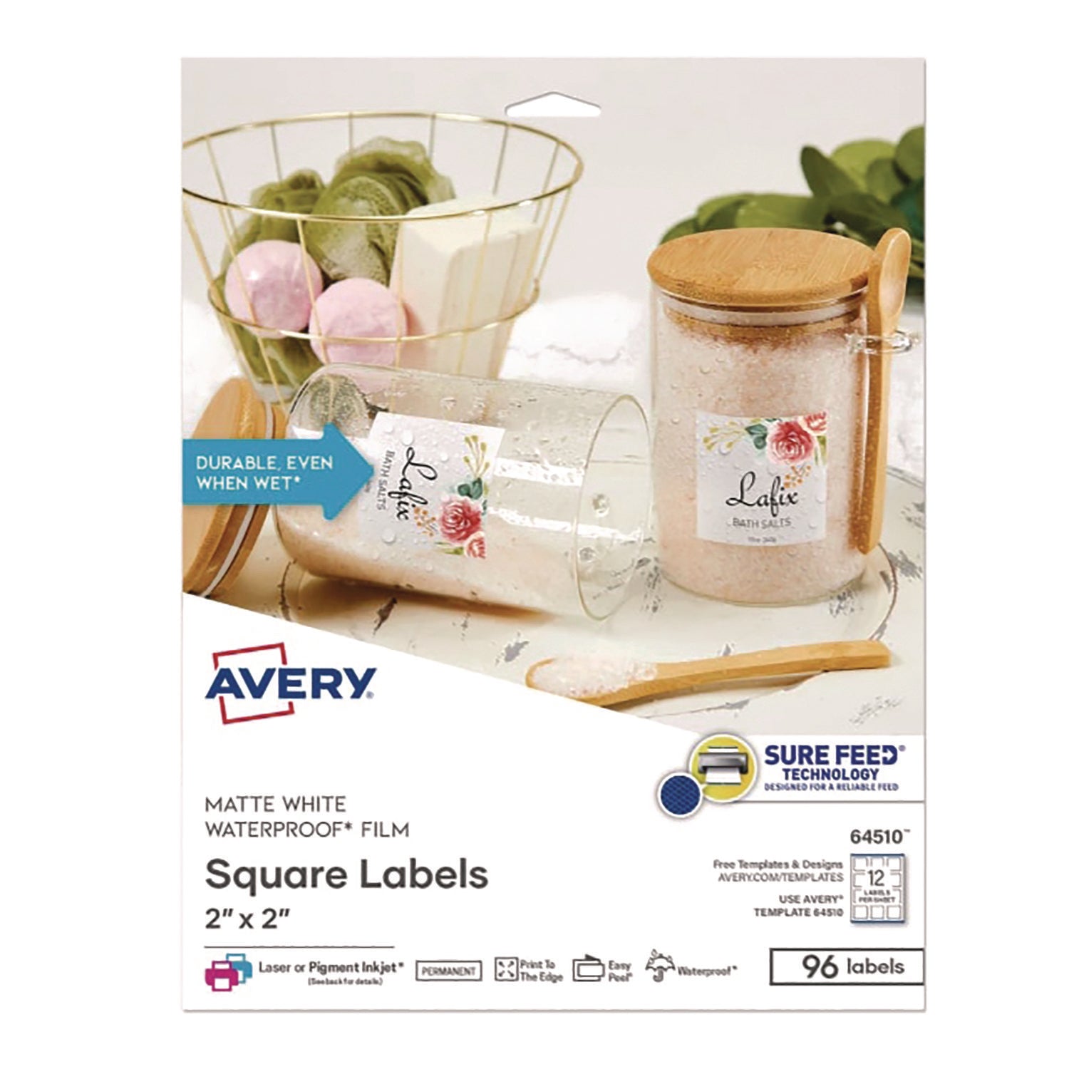 Avery Durable Waterproof Labels, 2" x 2" Square, 96 Total - Waterproof - 2" Width x 2" Length - Permanent Adhesive - Square - White - Film - 12 / Sheet - 8 Total Sheets - 96 Total Label(s) - 8 / Pack - Water Resistant - Self-adhesive, Oil Resist