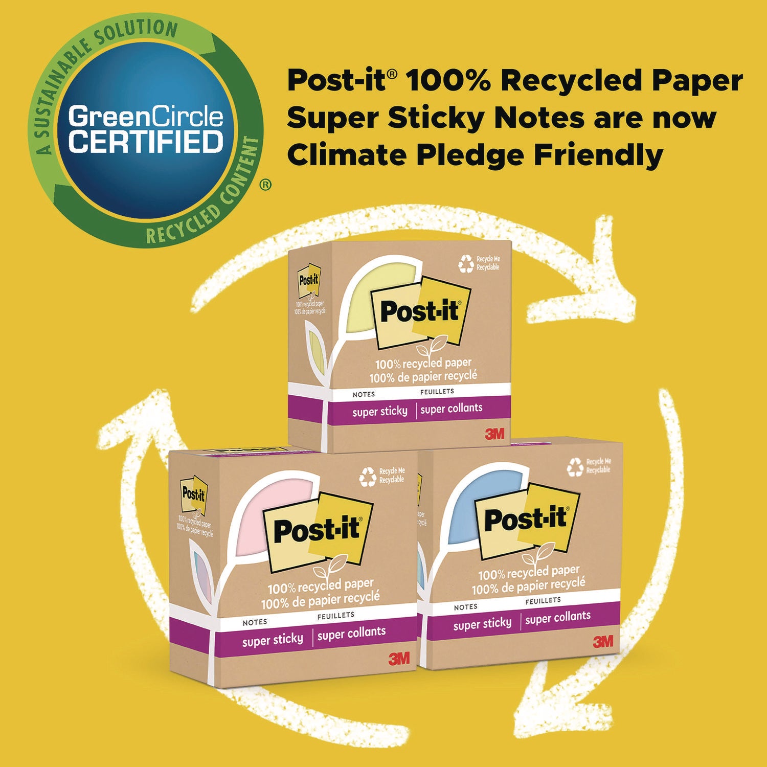 100% Recycled Paper Super Sticky Notes, 3" x 3", Oasis, 70 Sheets/Pad, 24 Pads/Pack - 3