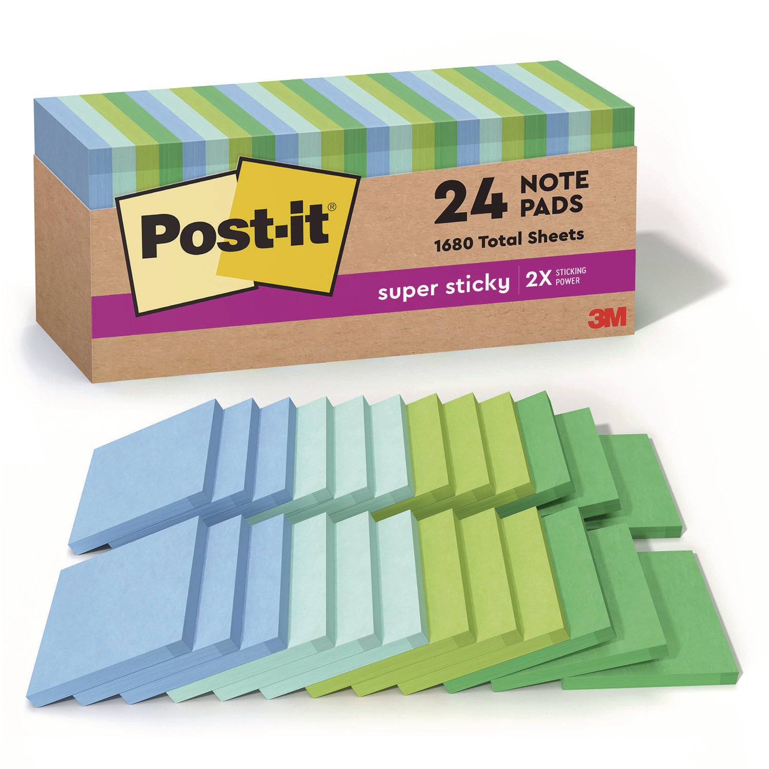 100% Recycled Paper Super Sticky Notes, 3" x 3", Oasis, 70 Sheets/Pad, 24 Pads/Pack - 1