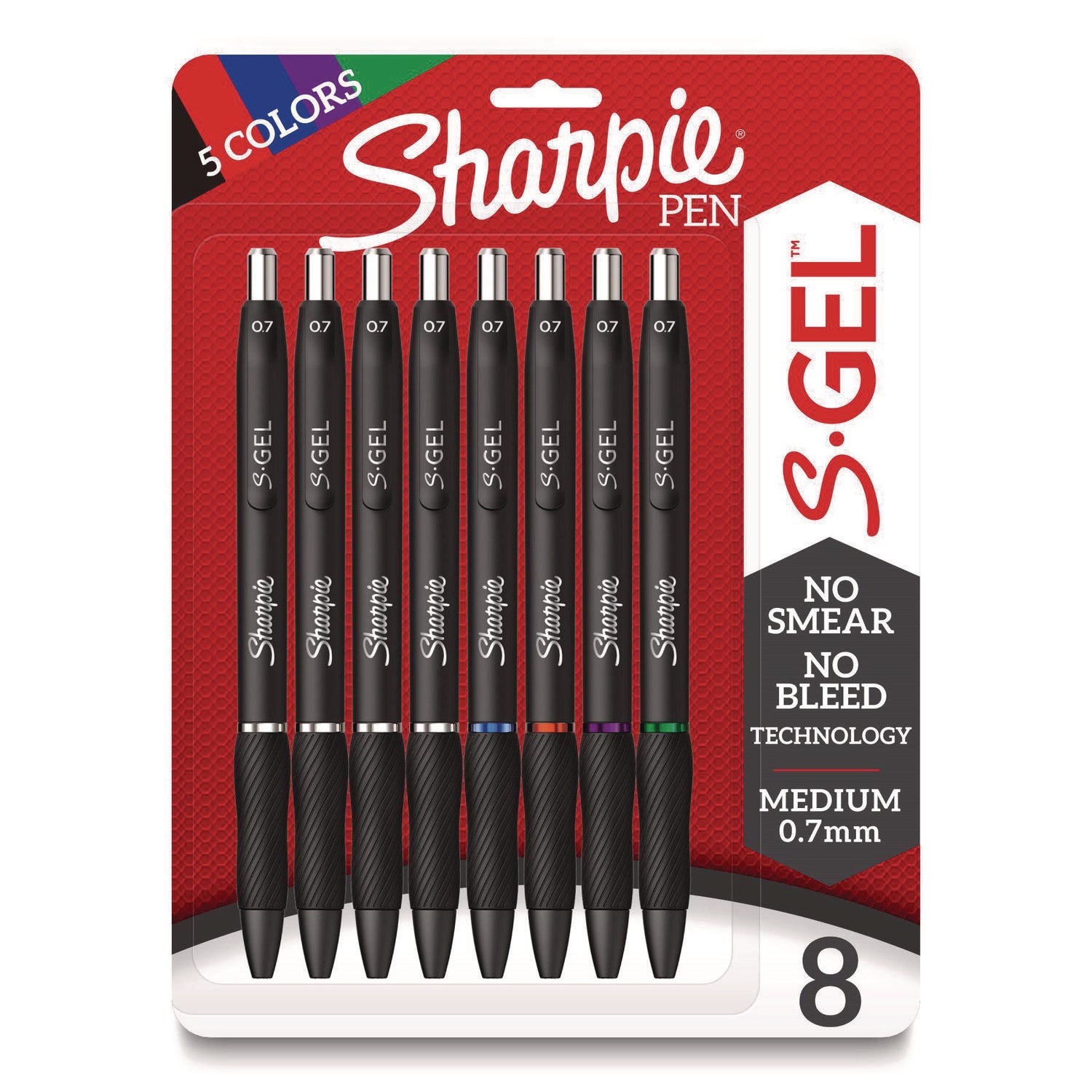 S-Gel High-Performance Gel Pen, Retractable, Medium 0.7 mm, Five Assorted Ink Colors, Black Barrel, 8/Pack