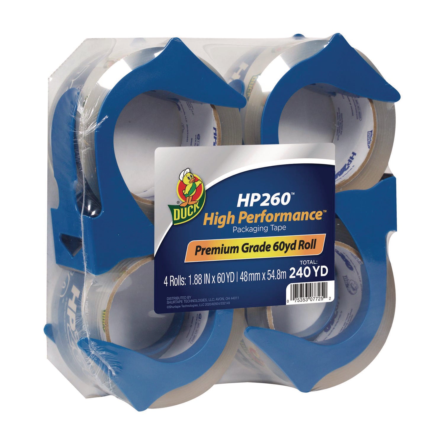 HP260 Packaging Tape with Dispenser, 3" Core, 1.88" x 60 yds, Clear, 4/Pack