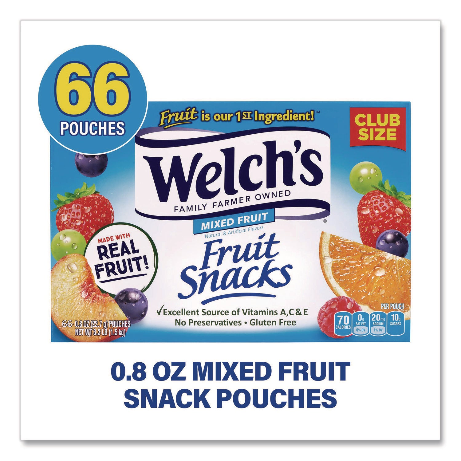 Fruit Snacks, Mixed Fruit, 0.9 oz Pouch, 66 Pouches/Box, Ships in 1-3 Business Days