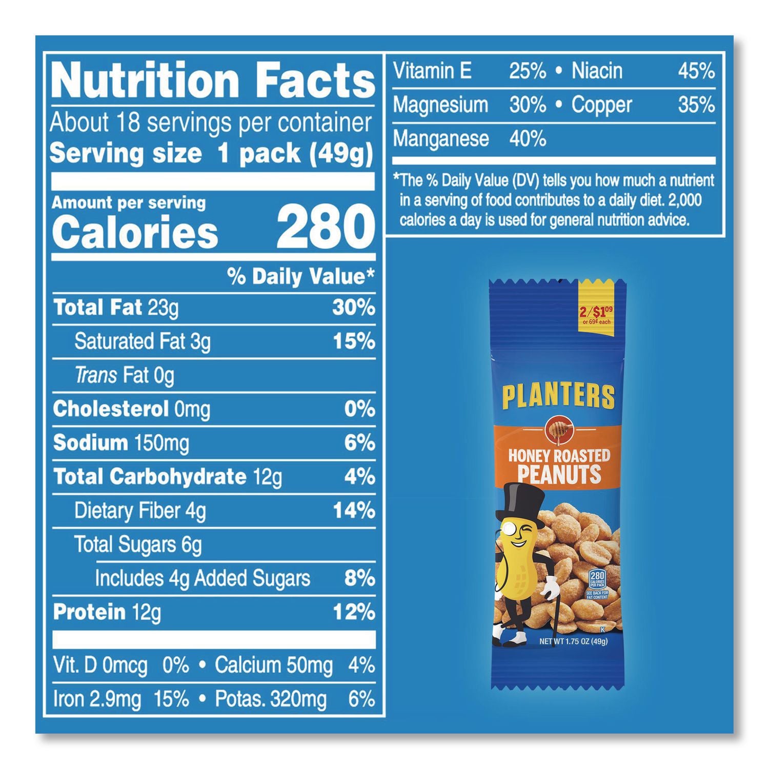 Honey Roasted Peanuts, 1.75 oz Tube, 18/Box, Ships in 1-3 Business Days