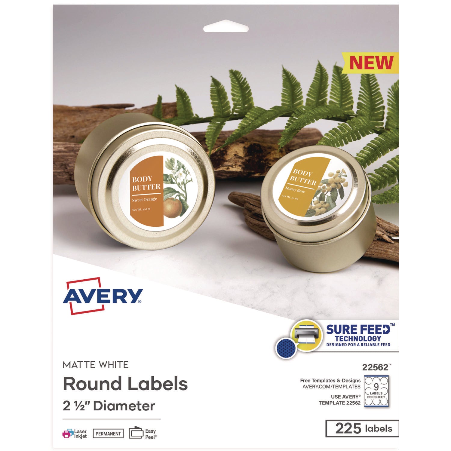 Laser/Inkjet Media Labels, Inkjet/Laser Printers, 2.5" dia, Matte White, 9 Labels/Sheet, 25 Sheets/Pack