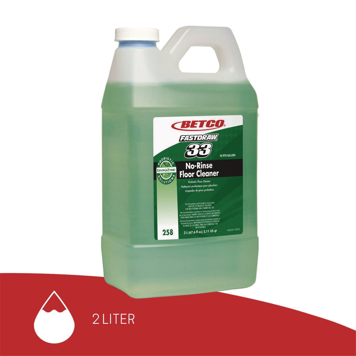 Betco No-Rinse Floor Cleaner - FASTDRAW 33 - Concentrate - 64 fl oz (2 quart) - Rain Fresh Scent - 4 / Carton - Rinse-free, Non-flammable, Glycol-free, Petroleum Free, Phosphate-free, Water Soluble, Silicate-free - Light Green