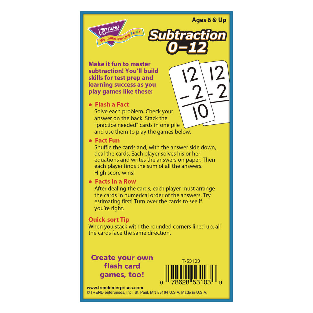 Skill Drill Flash Cards, Subtraction, 3 x 6, Black and White, 91/Pack