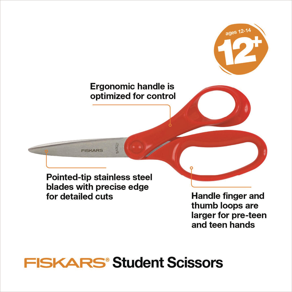 Fiskars Student Scissors - 7" Overall Length - Left/Right - Stainless Steel - Turquoise, Red, Lime, Blue, Pink, Purple - 1 Each