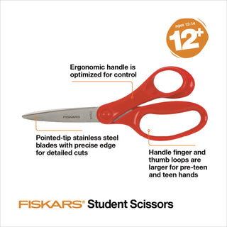 Fiskars Student Scissors - 7" Overall Length - Left/Right - Stainless Steel - Turquoise, Red, Lime, Blue, Pink, Purple - 1 Each