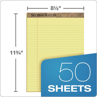Second Nature Recycled Ruled Pads, Wide/Legal Rule, 50 Canary-Yellow 8.5 x 11.75 Sheets, Dozen