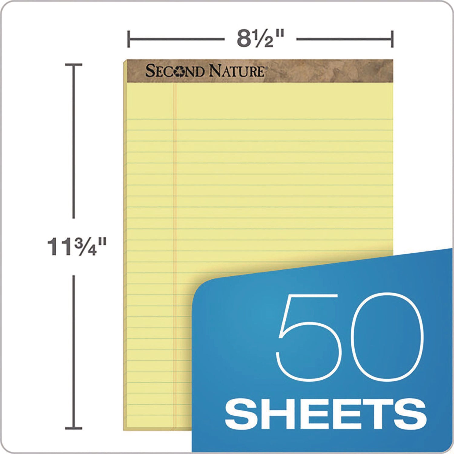 Second Nature Recycled Ruled Pads, Wide/Legal Rule, 50 Canary-Yellow 8.5 x 11.75 Sheets, Dozen