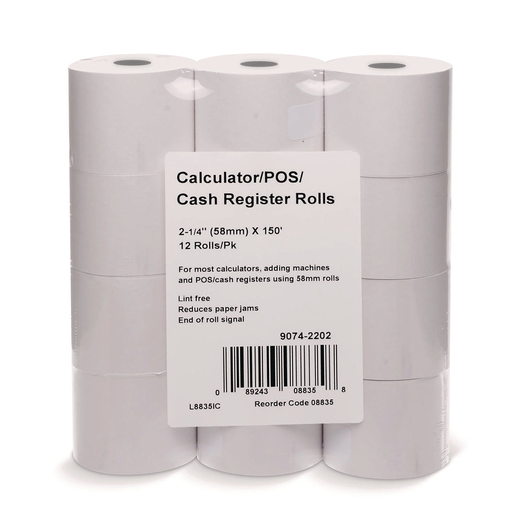 Impact Bond Paper Rolls, 2.25" x 150 ft, White, 12/Pack