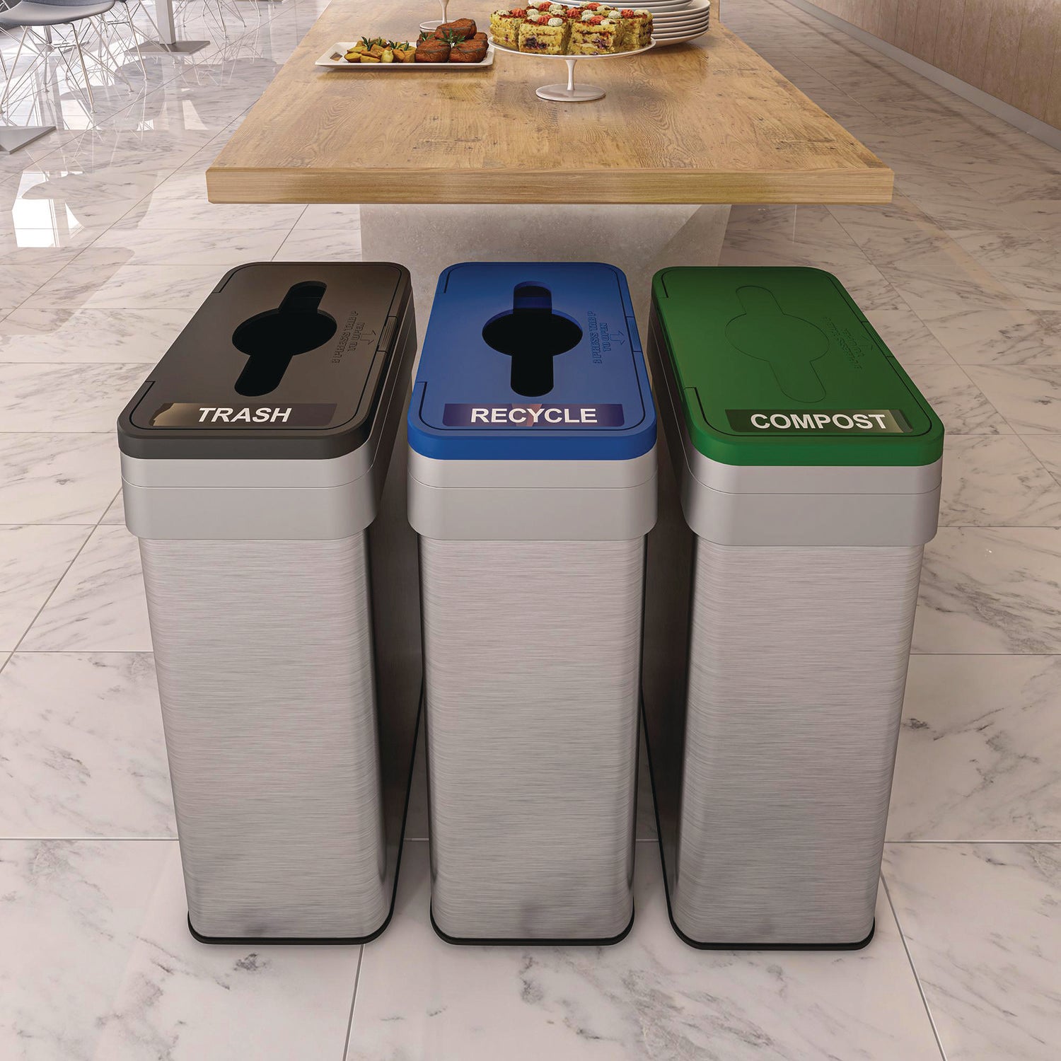HLS Commercial 21-Gallon Trash/Recycle/Compost Can Set - Push Button Opening - 21 gal Capacity - Rectangular - Fingerprint Proof, Smudge Resistant, Easy to Clean - 34" Height x 10.3" Width x 16" Depth - Stainless Steel - Silver - 1 Each