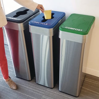 HLS Commercial 21-Gallon Trash/Recycle/Compost Can Set - Push Button Opening - 21 gal Capacity - Rectangular - Fingerprint Proof, Smudge Resistant, Easy to Clean - 34" Height x 10.3" Width x 16" Depth - Stainless Steel - Silver - 1 Each