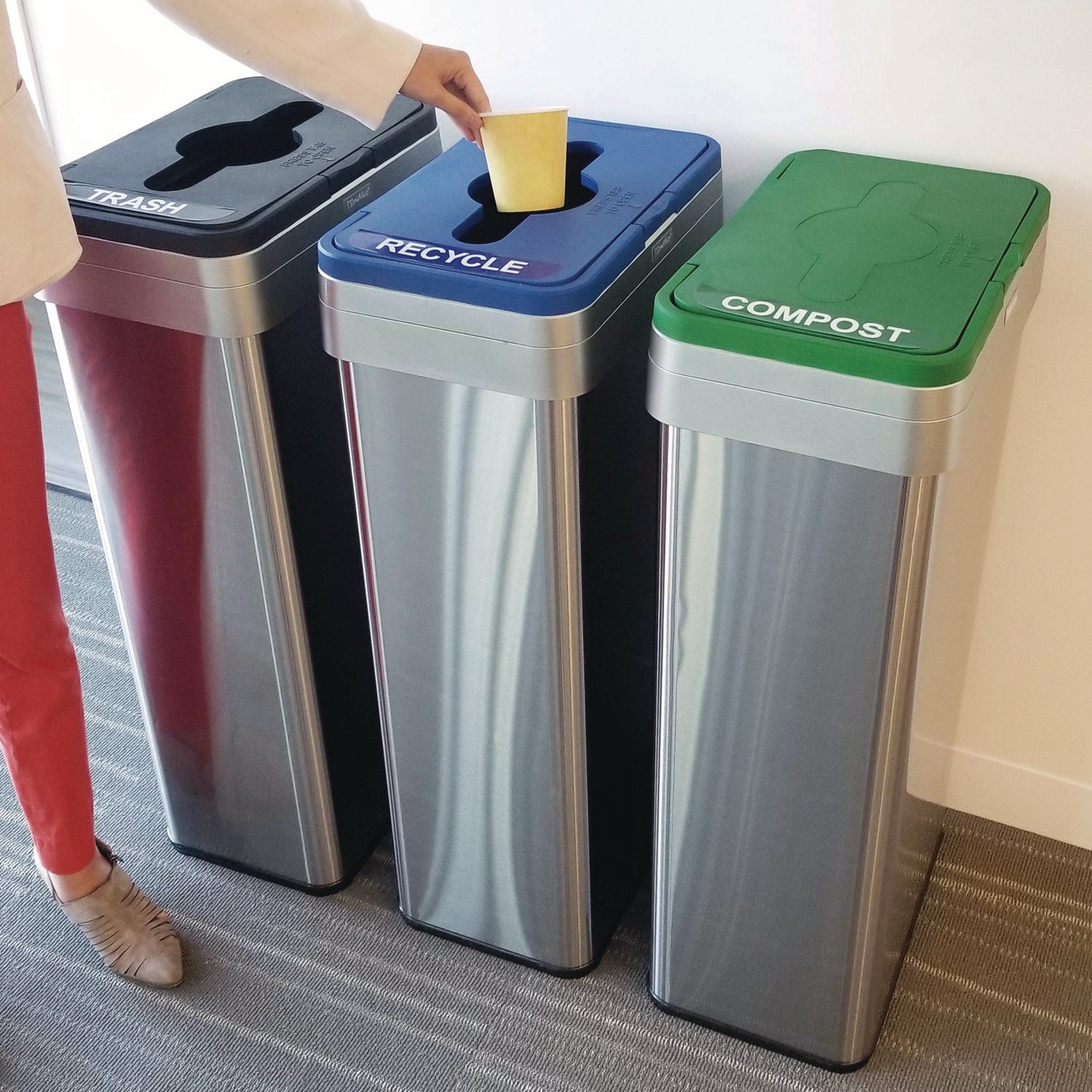 HLS Commercial 21-Gallon Trash/Recycle/Compost Can Set - Push Button Opening - 21 gal Capacity - Rectangular - Fingerprint Proof, Smudge Resistant, Easy to Clean - 34" Height x 10.3" Width x 16" Depth - Stainless Steel - Silver - 1 Each