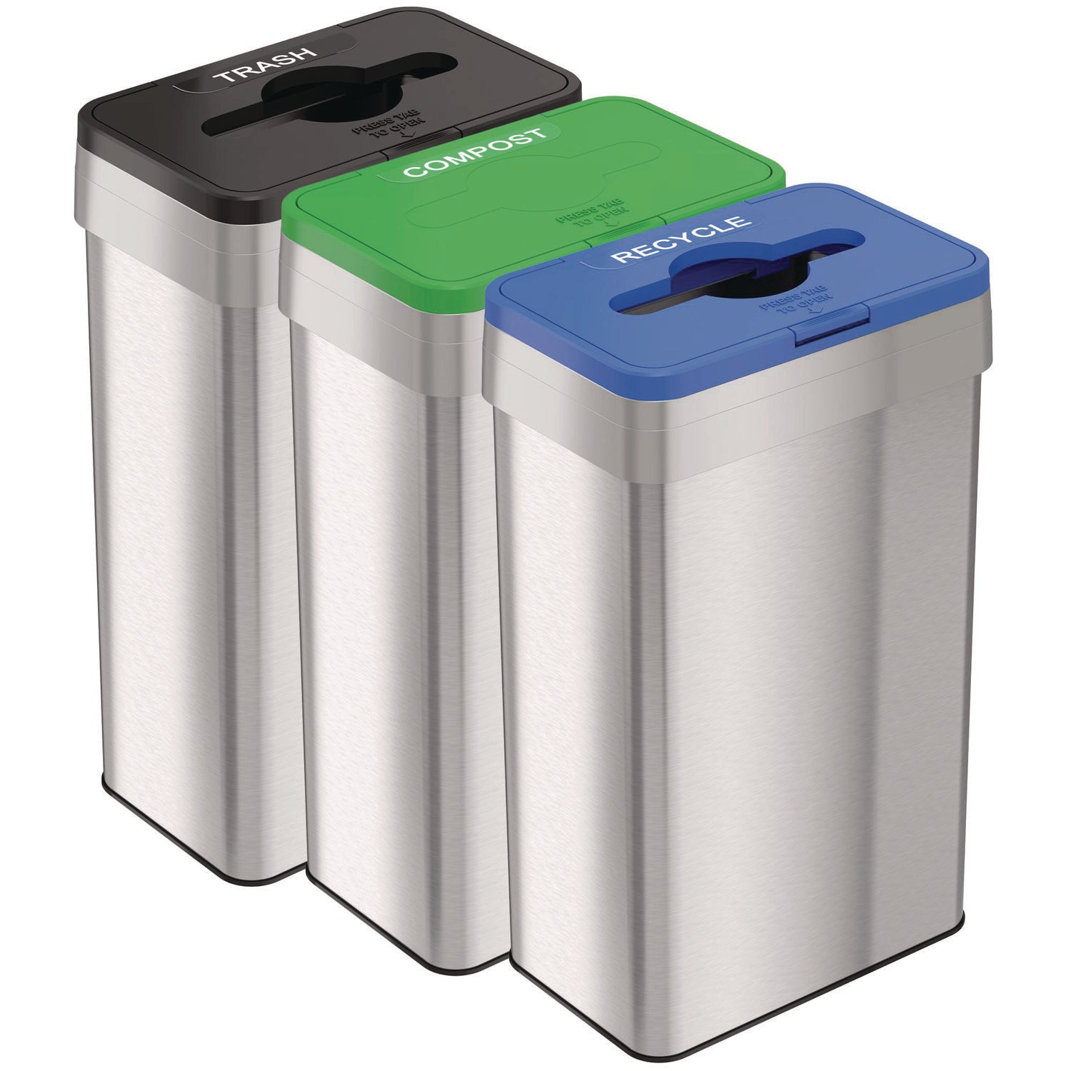 HLS Commercial 21-Gallon Trash/Recycle/Compost Can Set - Push Button Opening - 21 gal Capacity - Rectangular - Fingerprint Proof, Smudge Resistant, Easy to Clean - 34" Height x 10.3" Width x 16" Depth - Stainless Steel - Silver - 1 Each