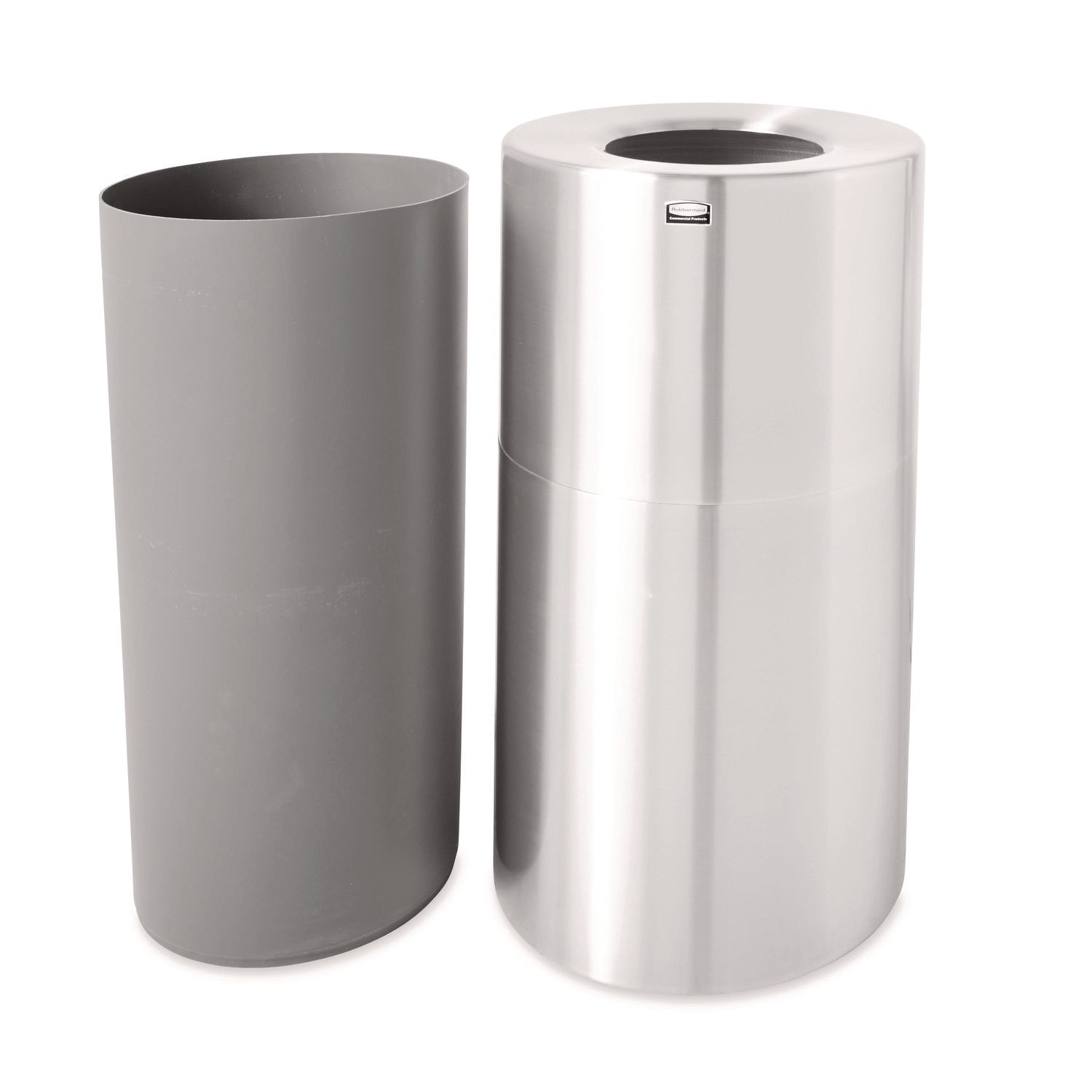 Rubbermaid Commercial - Two-Piece Open Top Indoor Receptacle, Round, Satin Aluminum, 35 gal, Sold as 1 EA