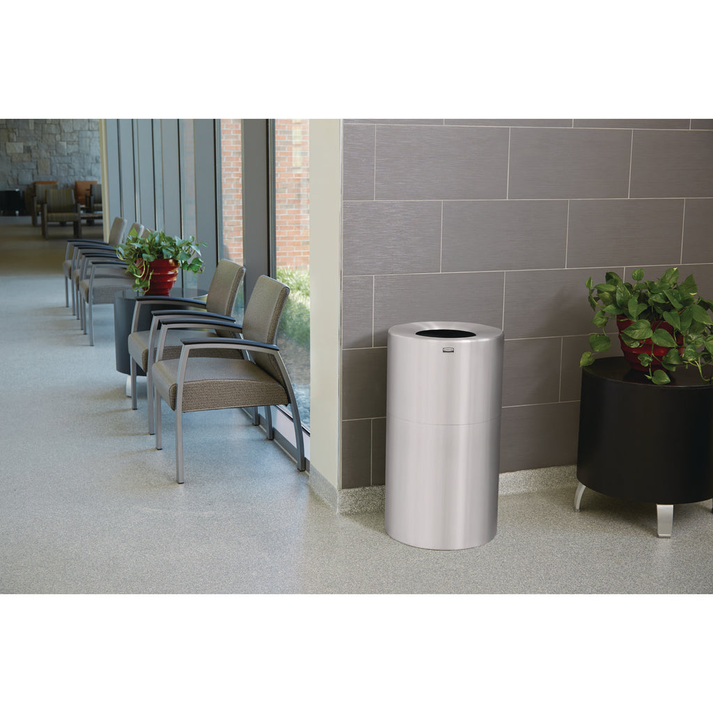 Rubbermaid Commercial - Two-Piece Open Top Indoor Receptacle, Round, Satin Aluminum, 35 gal, Sold as 1 EA