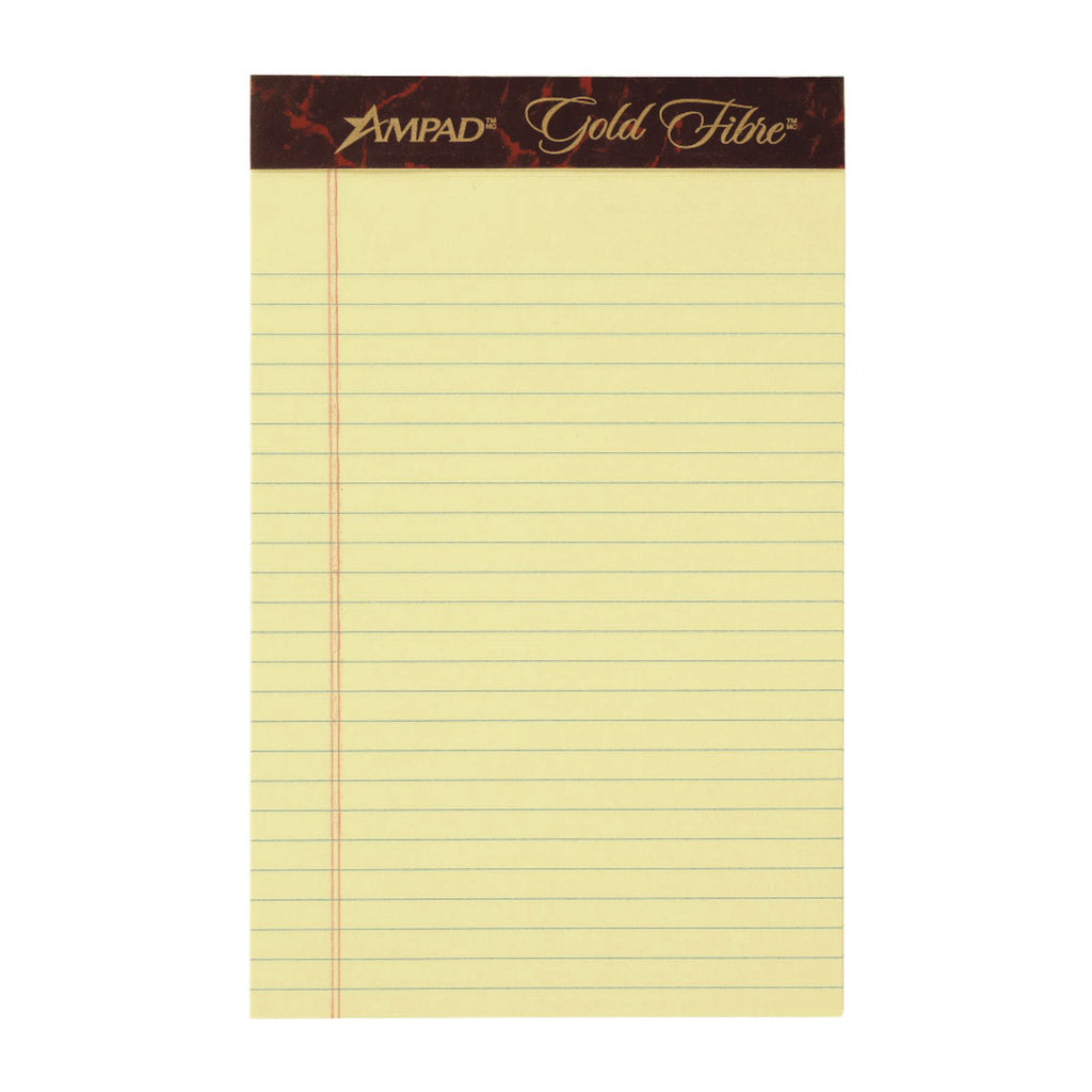 Gold Fibre Quality Writing Pads, Medium/College Rule, 50 Canary-Yellow 5 x 8 Sheets, Dozen