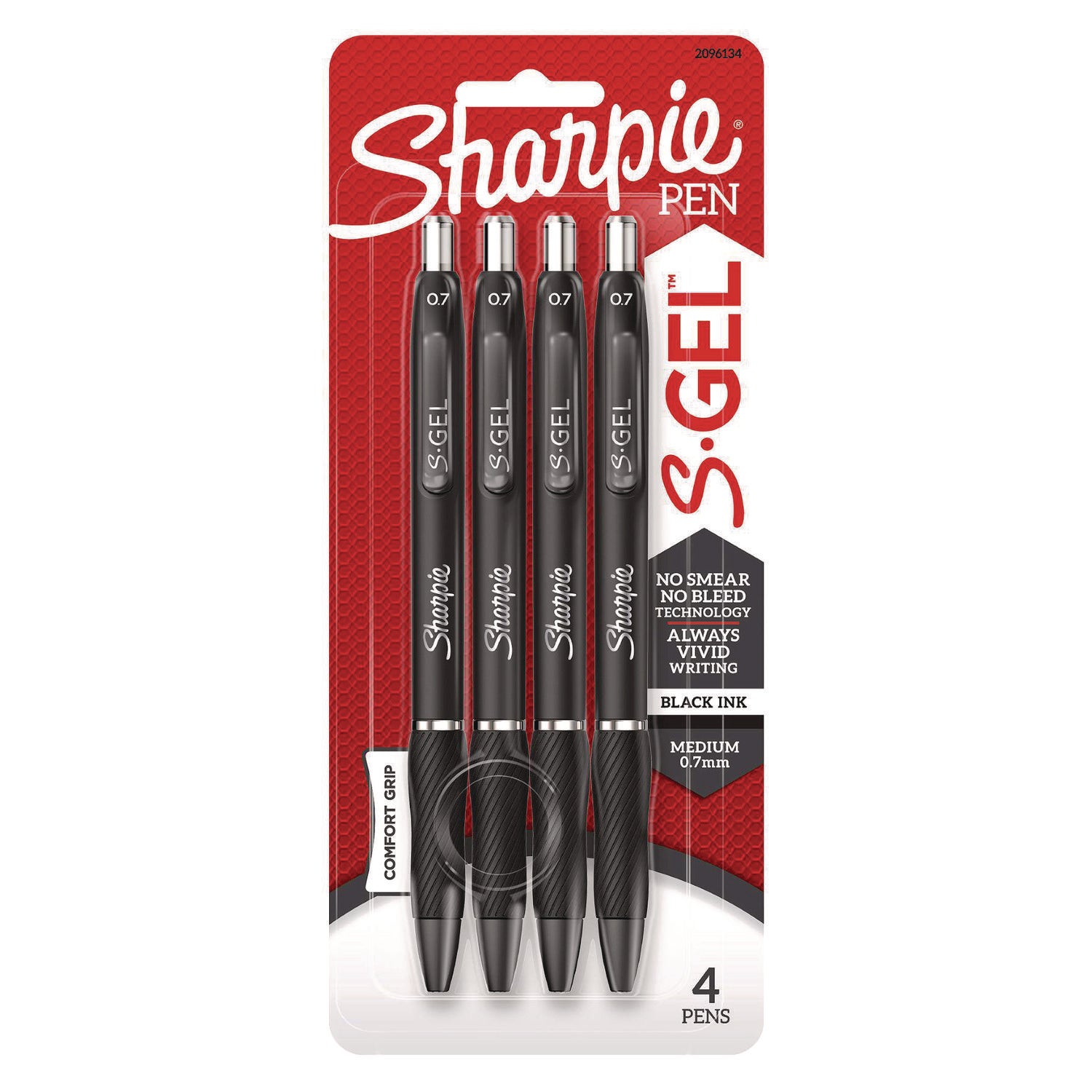 S-Gel High-Performance Gel Pen, Retractable, Medium 0.7 mm, Black Ink, Black Barrel, 4/Pack
