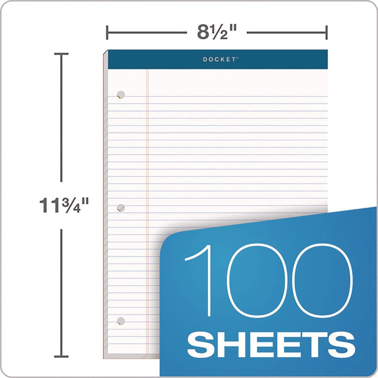 Double Docket Ruled Pads with Extra Sturdy Back, Medium/College Rule, 100 White 8.5 x 11.75 Sheets