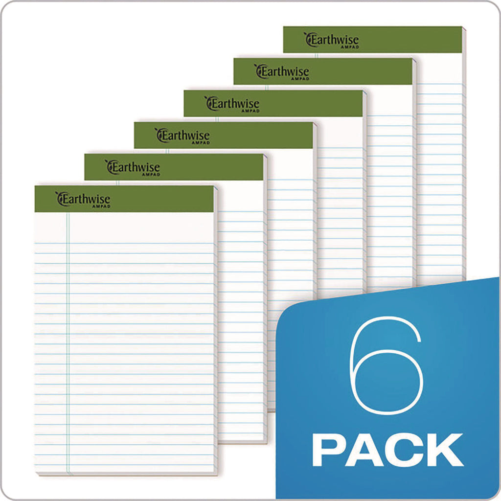 Earthwise by Ampad Recycled Paper Legal Pads, Wide/Legal Rule, 40 White 5 x 8 Sheets, 6/Pack