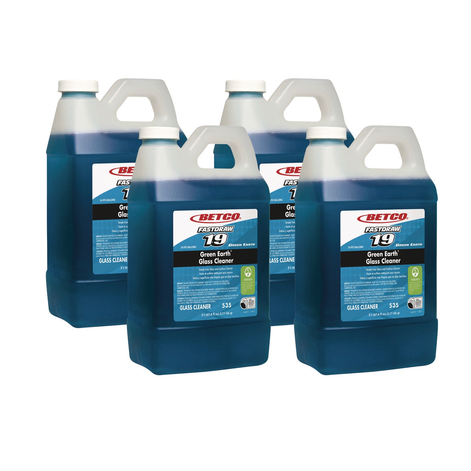 Fastdraw 19 Green Earth Glass Cleaner, Pleasant Scent, 2 L Bottle, 4/Carton