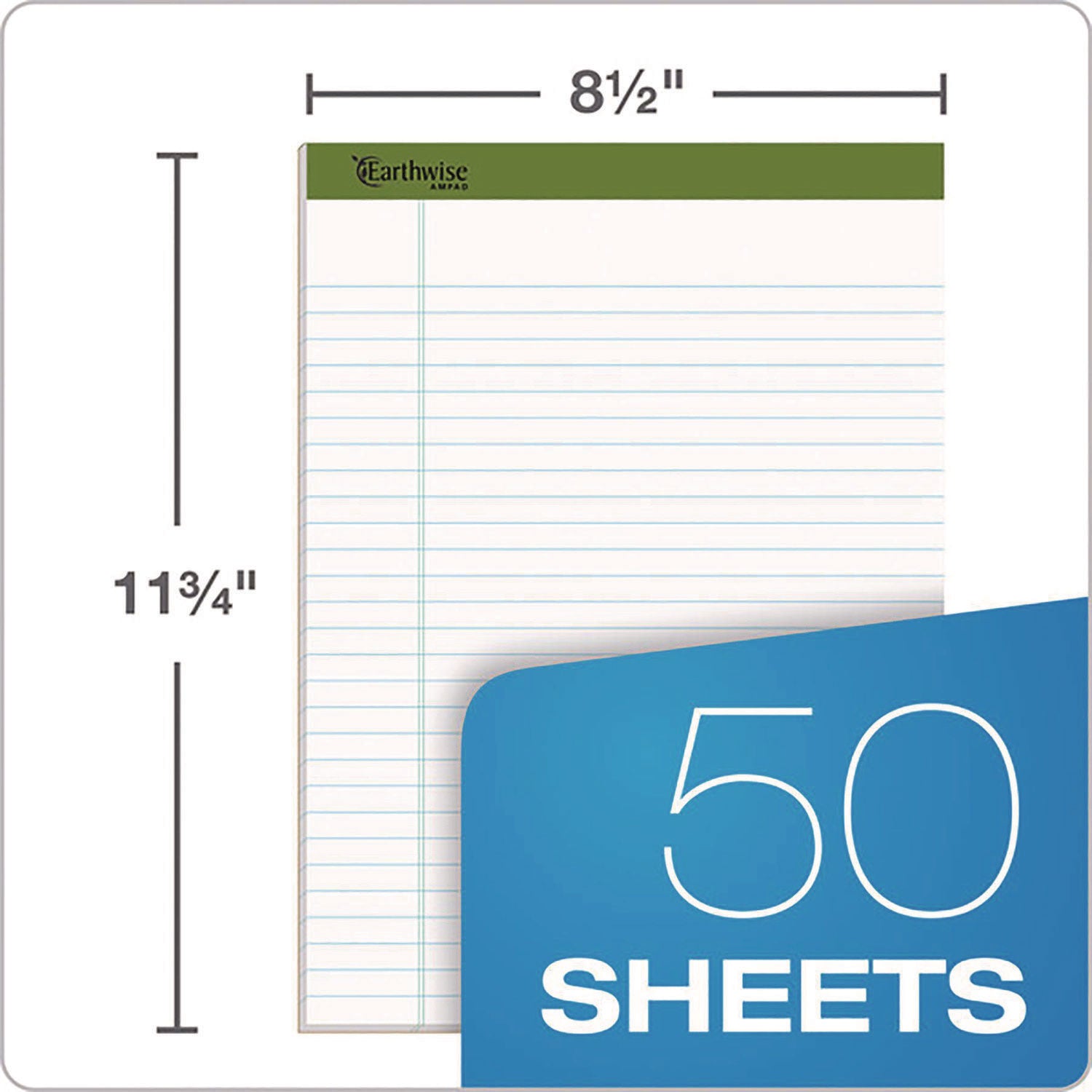 Earthwise by Ampad Recycled Writing Pad, Wide/Legal Rule, Politex Green Headband, 50 White 8.5 x 11.75 Sheets, Dozen