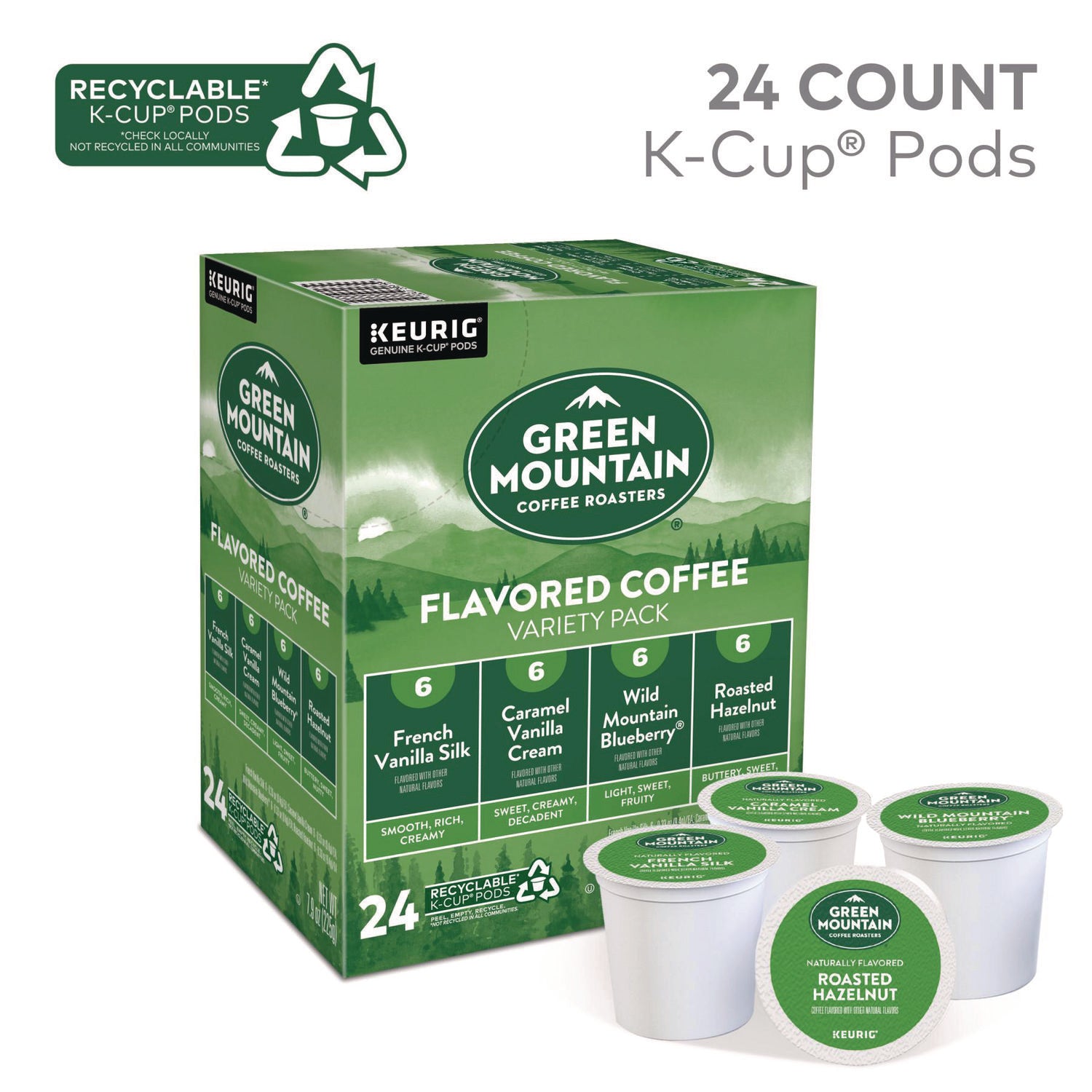 Green Mountain Coffee K-Cup Variety Sampler Coffee Pack - Compatible with Keurig K-Cup Brewer - Light - 24 K-Cup - 4 / Carton