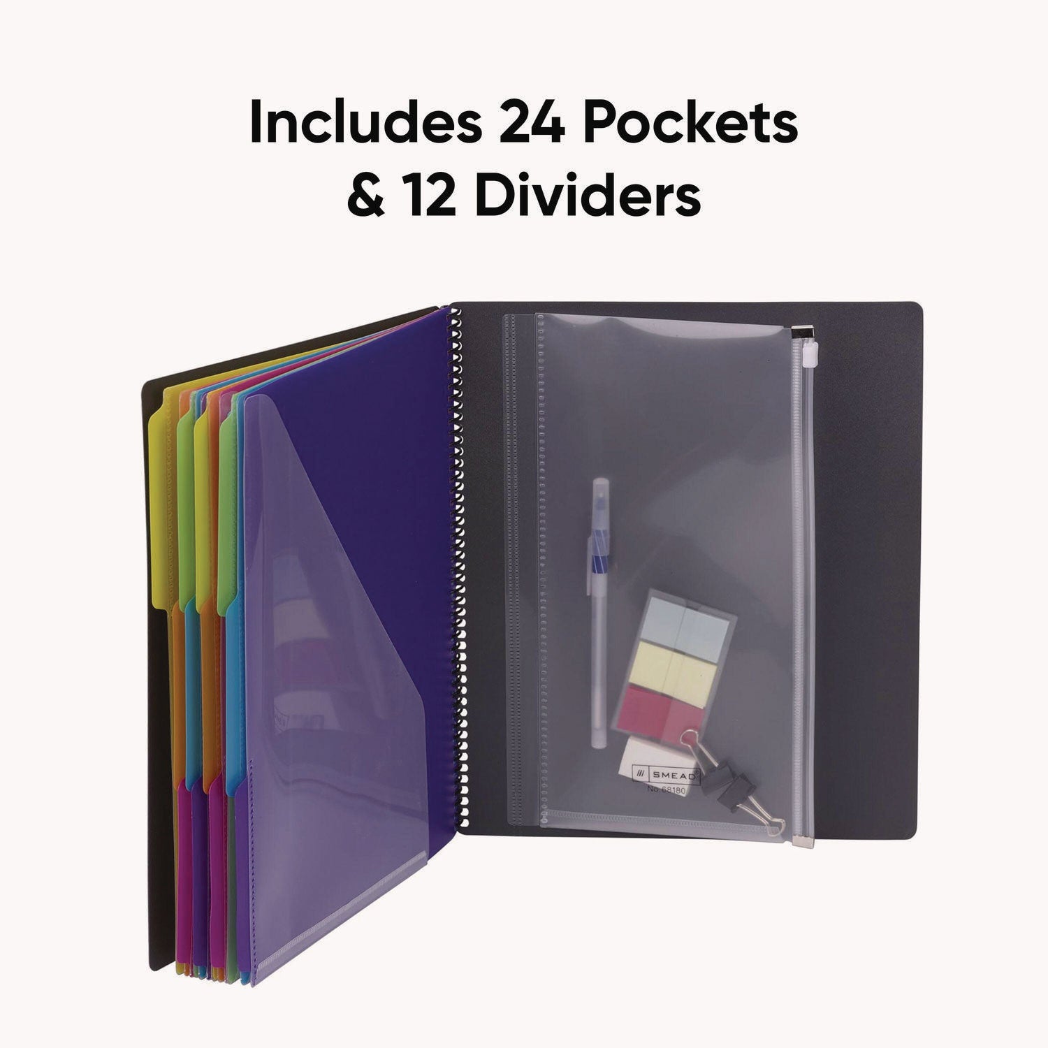 Poly Project Organizer, 24 Letter-Size Sleeves, Gray with Bright Pockets