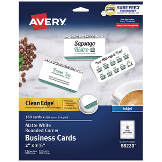 Round Corner Print-to-the-Edge Business Cards, Inkjet, 2 x 3.5, White, 160 Cards, 8 Cards/Sheet, 20 Sheets/Pack