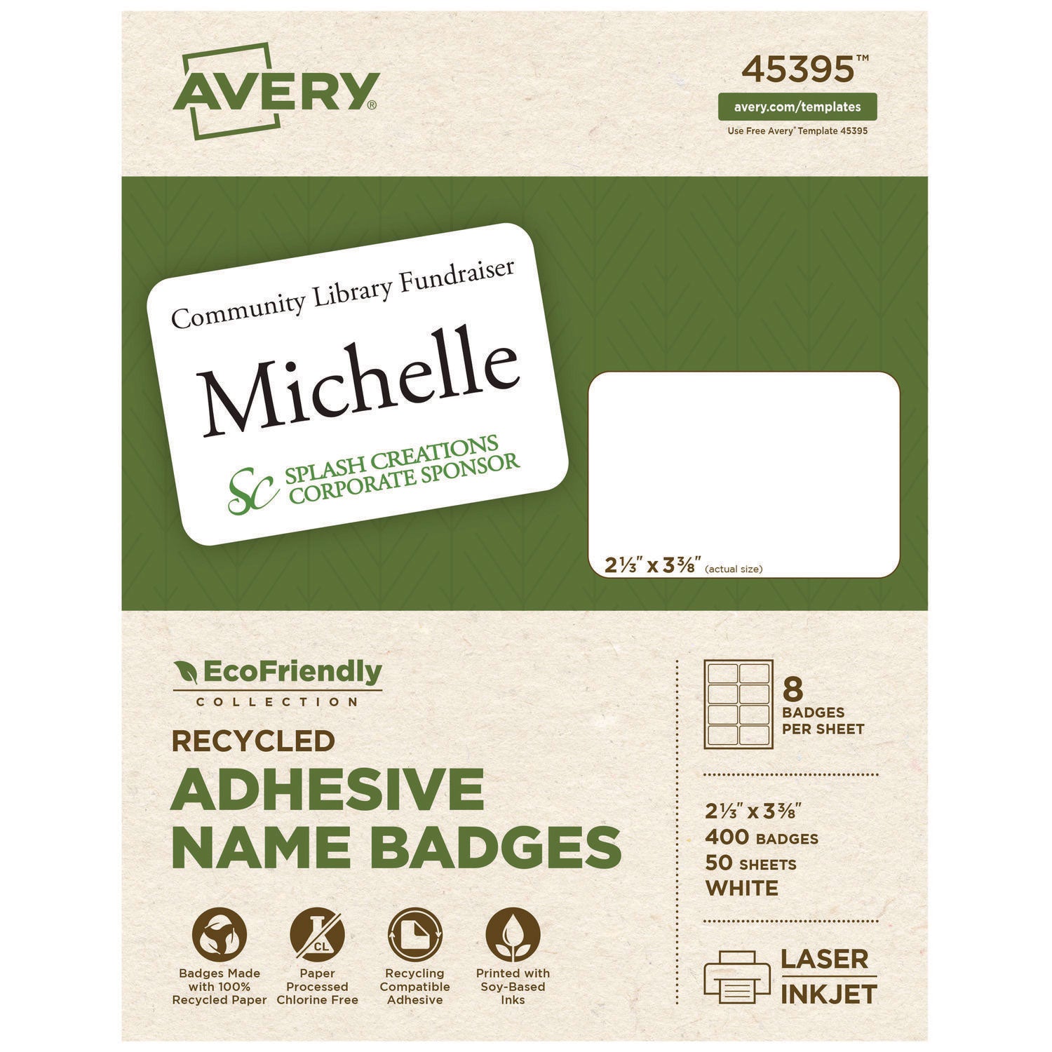 EcoFriendly Adhesive Name Badge Labels, 3.38 x 2.33, White, 400/Box