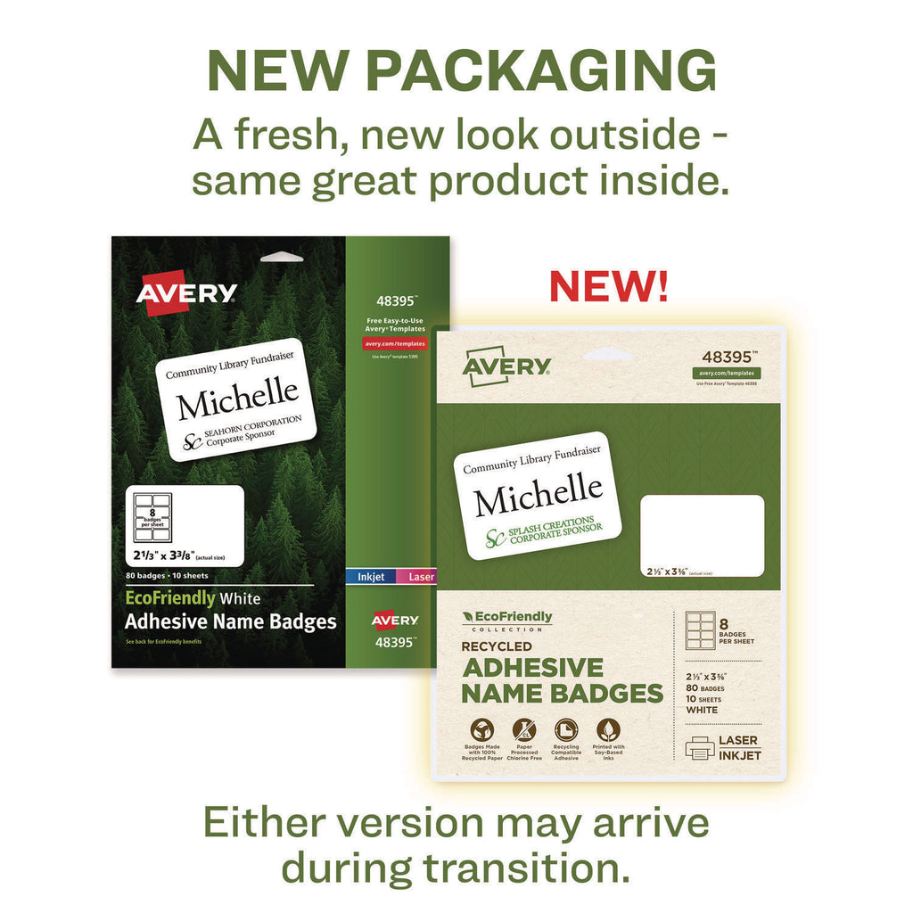 EcoFriendly Adhesive Name Badge Labels, 3.38 x 2.33, White, 80/Pack