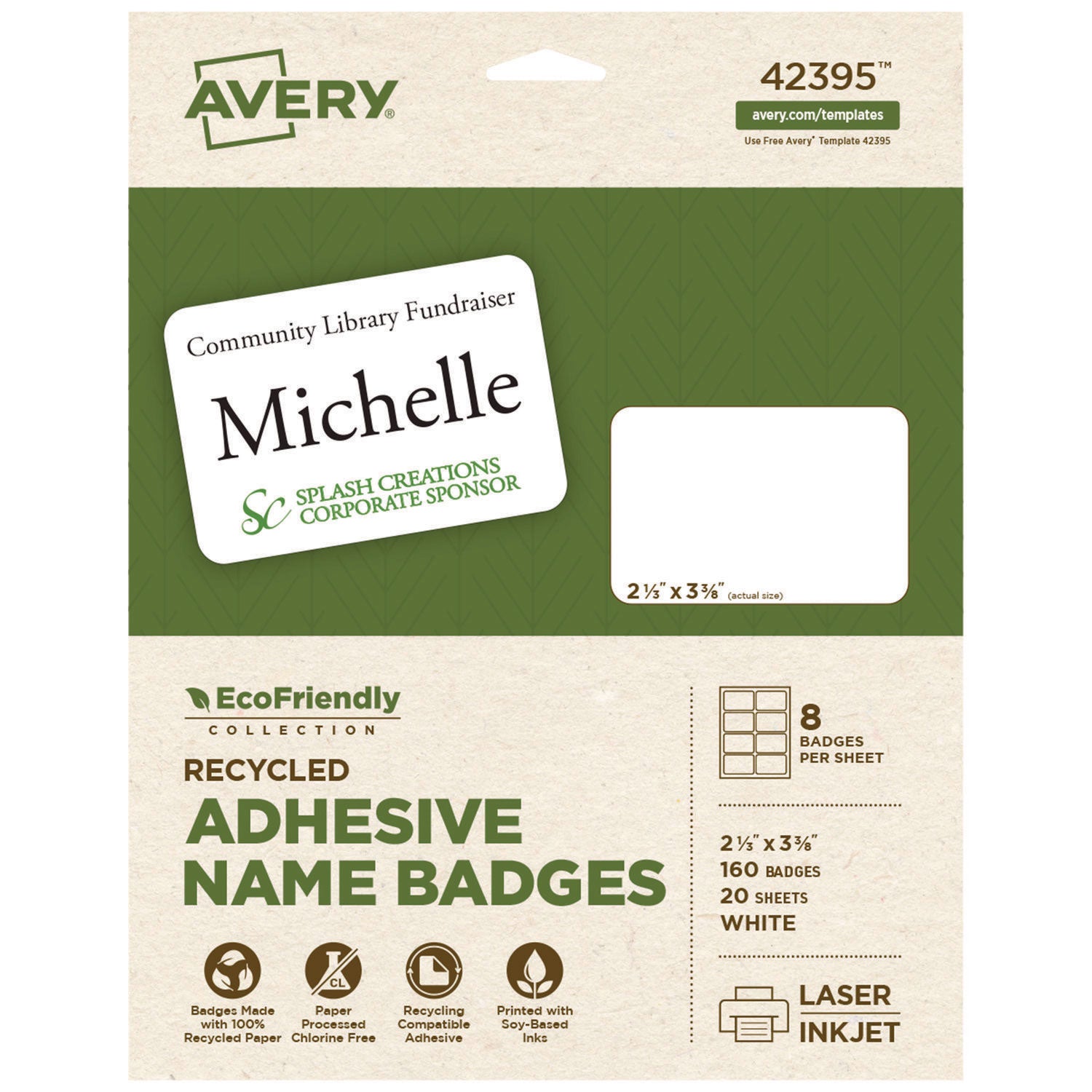 EcoFriendly Adhesive Name Badge Labels, 3.38 x 2.33, White, 160/Box